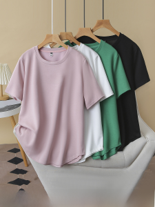 Plus Size Womens Air Layer Cotton Elastic round Neck Short Sleeve T-shirt Chubby Girl Summer New Arrival 100.00kg Shoulder Slim Looking Tops