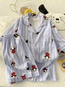 1 Set Ladies Sweet Cute Summer Pajama Set Checkered Embroidery Dog Womens Home Clothing Loose Comfortable Nightwear