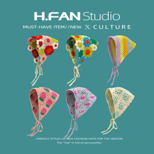 Dopamine Girl Sweet Cute Knitting Hair Band Hat Summer Hollow Flower Bandeau Triangular Binder Headcloth Tide