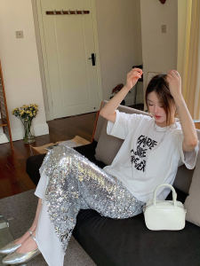 Silver Asymmetrical Netting Sequin Half-length Skirt plus Size Womens Summer Beautiful Shiny Straight-cut High-waist Long Skirt