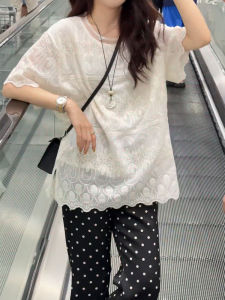 YUFUQING | Elegant White Embroidered Short Sleeve Lace Shirt Womens Loose Summer Unique Beautiful Top Commute Style High Waist Long Pants