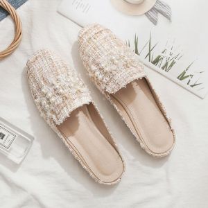 Large Size Pearl Head Flat Bottom Slippers Womens Summer Outdoor Wear Slip-On Casual Low Heel Rubber Outsole Velvet Surface