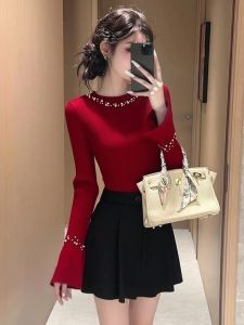 SHANGSHA | Fashionable Design Elegance Red Flared Sleeve Beaded Knit Top