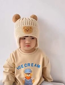 1 PCS Baby Knitted Hat Winter Warm Elastic Childrens Ear Protection Hat Cute Bear Fashion Boys Girls Hat