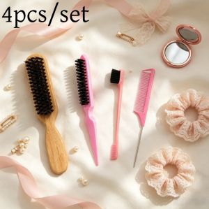 4pcs/set Boar Bristle Hair Brush Multifunctional Hairdressing Beard Brush Bun & Smoothing Baby Hairs Flyaways Control Teasing