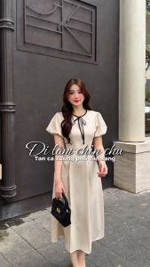 Đầm thiết kế BEMINE cổ tròn phối dây nơ tay phồng dáng dài phù hợp đi làm-B843