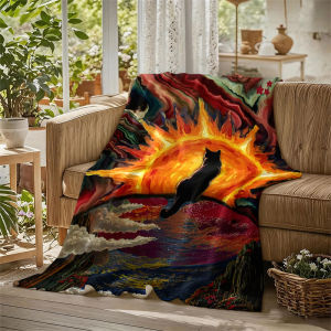 BILIBILI | Black Cat Sun Collage Flannel Blanket Perfect for Sofa Office Bed Travel Sleep Read Relax Camping Four Season Use