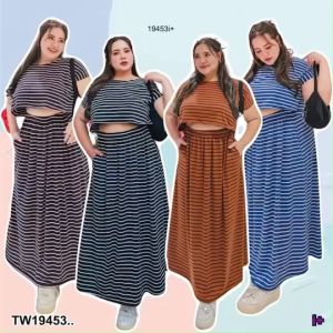 เดรสยาว Bigsize ผ้าลายทางเปิดพูดูสูงสำหรับคนรักผ้าเปิดพูดู คลิกที่เดรสยาว TW19453