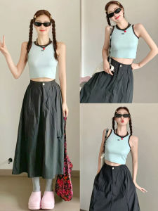 กระโปรงทรงเอเอวสูง ทรงเข้ารูป สำหรับผู้หญิง ฤดูร้อน 2025 กระโปรงทรงแอลจีไซด์สีพื้น ความยาวปานกลาง ทรงหลวม สไตล์อเมริกัน