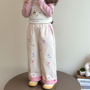 Spring Fashion Baby Girls Loose Straight Leg Pants Cartoon Embroidery Wide Leg Trousers Casual Loose Long Pants for Toddlers