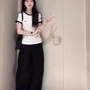 Casual Sportswear Set Women Summer Leisure Wide Leg Short Sleeve round Neck Two Piece Set Student Casual Outfit Cotton Blend