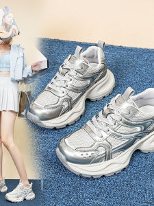 Leather Large Size Womens Shoes 41-43 Look Small round Toe Lace-Up Dad Shoes Fashion Lightweight Thick Bottom Sports Casual Shoes