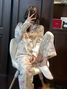 Pure Cotton Sleepwear Womens Loose Long Sleeve Home Clothes Set Cute Bear Pattern Comfortable Soft Material for Autumn Spring