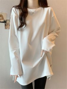 เสื้อยืดแขนยาวหลวมๆ สีขาว ทรงยาวปานกลาง สำหรับผู้หญิง ช่วงฤดูใบไม้ผลิ ฤดูใบไม้ร่วง ฤดูหนาว เสื้อชั้นในที่สวมใส่ได้หลายชั้น