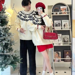 Couples Sweaters Autumn Winter New Style Fair Isle Holiday Nordic Knitted Loose Christmas Womens Soft Lazy Christmas Top