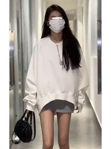 พลัสไซส์ หลวม Fit เสื้อฮู้ด ผู้หญิง ฤดูใบไม้ร่วง ลำลอง แขนยาวไม่สม่ําเสมอ Hem ปกปิด Flab พรางหุ่น แฟชั่น เสื้อท่อนบน