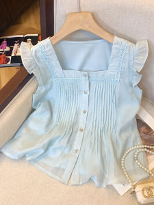 Big Sale Leak-Picking ~ Summer French Square Collar Flying Sleeve Shirt Womens Stylish Pleated Belly Covering Chiffon Tops Tide