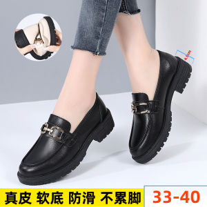 Comfortable Small Size Womens Slip-On Shoes Real Leather Anti-Slip Fashionable round Toe mid Heel Rubber Outsole Casual Flats