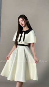 Set Đồ Nữ Sang Chảnh Tiểu Thư Siêu Dễ Thương Đầm Trắng Cổ Nơ Đen Thanh Lịch Ngọt Ngào