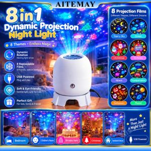 Aitemay 8 in1 Starry Sky Projector Light USB Powered Rotating Night Lamp 8 Films Ocean Space Birthday Decor For Kids Bedroom Party Gift