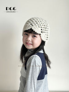 Hand Knitted Childrens Hat Vintage Hollow out Turtleneck Girls Knit Cap Breathable Cotton Butterfly Knot Design Middle Thickness