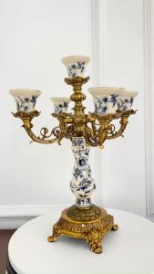 Giá nến họa tiết Châu Âu phong cách tân cổ điển CB30-GN - Chất liệu: Sứ và hợp kim mạ đồng cao cấp