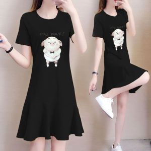 New Womens Mid-Length Casual Loose Dress Student Fish Tail T-Shirt Skirt Korean Style Summer plus Size Slimming Dress