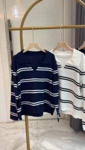 ●ECLAIRE● 043 Blouse Oversize Knit Rajut Lengan Panjang Longsleeves Motif Polos dan Salur Yoola Korea Kasual Kantor Kuliah Import Premium