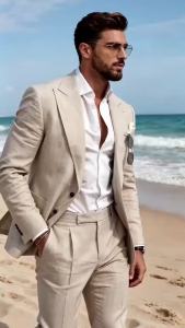 2 Pieces Blazer Pant Blue Linen Peaked Lapel Men Suits Slim Fit High Quality Elegant Summer Wedding Prom Suits Men Clothes