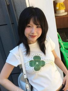 Lucky Grass Print round Neck Short Sleeve Pure Cotton T-Shirt Womens Summer New Style Slim Commuting Top Korean Version