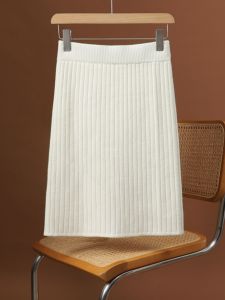 Knitting Sheath Skirt Womens Winter Thick Mid-Length Elastic Waist Sunken Stripe Split Wool Skirt Work Clothing One-Step Skirt