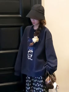 Korean Style Lazy round Neck Cartoon Anime Hoodie Women Loose Top Fashion Small Size Long Sleeve Printed Comfortable Sweatshirt