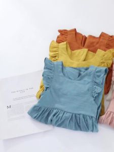 Casual Style Sleeveless Baby Girl Clothing Flying Sleeve Cotton and Linen Material Versatile Solid Color Princess Dress