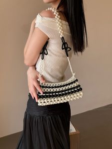 2024 Vintage French Butterfly Knot Flower Chain Handbag Handmade Woven Beaded Pearl Phone Bag Crossbody Bag For Women