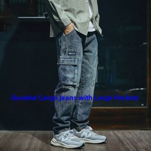 Mens Autumn Winter Workwear Straight Leg Jeans Loose Thickened Heavy Duty Large Pocket Retro Style Japanese Fashion Brand