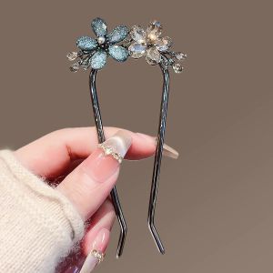 Elegant Black Color Glaze Crystal Flower U-shaped Hairpin Womens Back of Head Bun Metal Hairpin Simple Hair Accessories