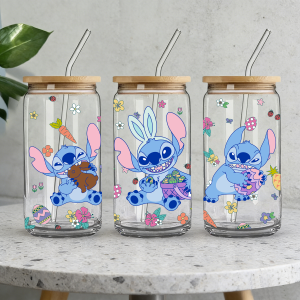 Disney | 1pc 16oz Disney Stitch Easter Borosilicate Glass Tumbler with Lid & Straw Cute Summer Cup for Iced Coffee Juice Perfect Gift