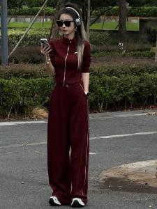 Bộ Đồ Hai Mảnh Thời Trang Thu Đông 2025 Áo Nỉ Khóa Kéo Quần Ống Rộng Bộ Đồ Thể Thao Thường Ngày Cho Nữ