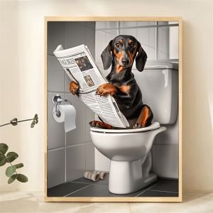 1pc Playful Dachshund on Toilet Canvas Print Wall Art for Pet Loversfor Home Decor BedroomKitchenLiving RoomBathroom Hotel