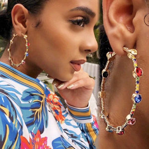 Colorful Rhinestone Hoop Earrings Large for Women Luxury Piercing BoBo Accessories Statement Crystal Earrings 2023 Trend Jewelry