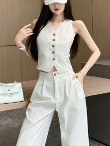Fashionable Stylish Fancy Sleeveless Vest Top Womens Summer Elegant Outfit High Waist Slim Looking Loose Pants Two-piece Set