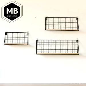 MLADEN 3 Sizes Wall Shelf Decoration Iron Grid DIY Hanging Rack Wall Display Art Storage Box Basket Wooden Iron Bedroom Rack