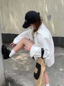 White Pure Cotton Long Sleeve Shirt Jacket Womens Spring Autumn Thin Loose Outerwear Top Button Pocket Korean Style