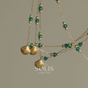 Vintage Green Beaded Shell Pendant Gold Chain Necklace • 18K Gold Plated Waterproof Non Tarnish • 316L Stainless Titanium Steel Necklaces for Women Gift Summer NL109