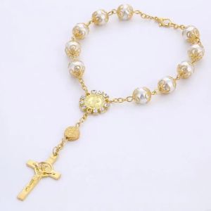 One Decade Auto Rosary Beads Catholic Bracelet Saint Benedict Crucifix Divine Mercy Gift for Women Men