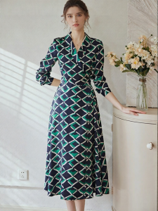 Roey s house | Elegant Professional Womens A-Line Dress with Belt Flower Print Satin