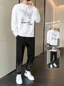 ROMON | Romon Mens Casual Sports Set Round Neck Sweatshirt Fitness Running Two-Piece Suit Autumn New Style Trendy Brand Polyester Fiber