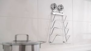 FECA E3 4-Tier Stainless Steel Pot Lid Holder | Wall-Mounted Pot Cover Rack for Kitchen | Wall-Mounted Kitchen Organizer