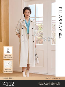 Elegant British Style Long Coat Jacket Womens Double Breasted Windbreaker by ELLASSAY Simple Commute Straight Cut Nylon Fiber