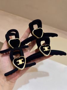 Classic Velvet Large Hair Claw Clip Black Gold Heart Edged Medium Size Fashionable Elegant Hair Accessories Korean Style